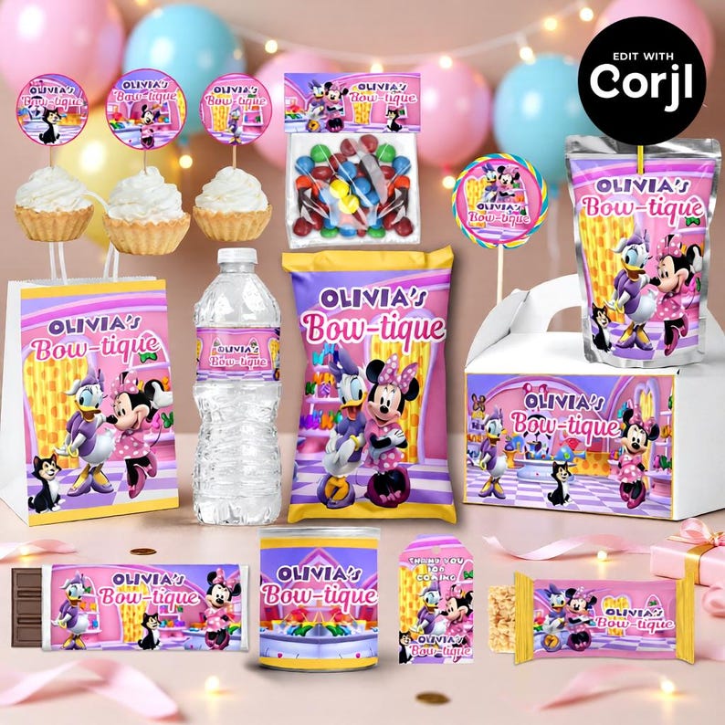 May include: A collection of party supplies featuring the text "Olivia's Bow-tique" and cartoon characters. Items include treat bags, a water bottle, candy, a lollipop, and a gift box, all in pink and purple.