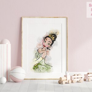 May include: A watercolor illustration of a princess with a green dress and a crown. The background is a soft watercolor wash of green, yellow, and pink.