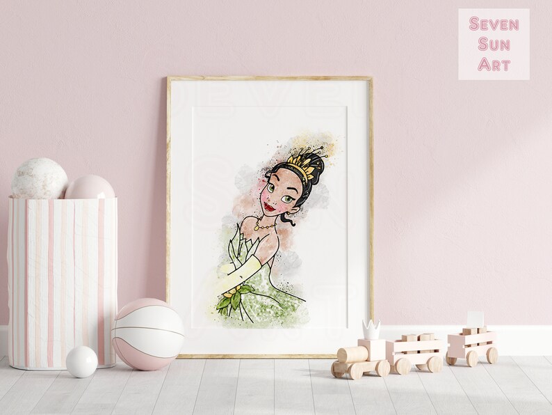 May include: A watercolor illustration of a princess with a green dress and a crown. The background is a soft watercolor wash of green, yellow, and pink.