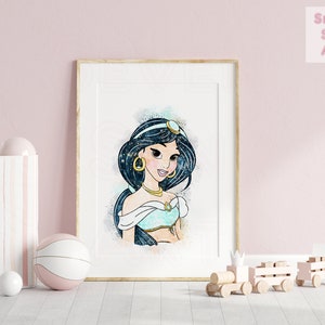 May include: A watercolor illustration of Princess Jasmine from Disney's Aladdin. The illustration features Jasmine with her signature dark hair, blue eyes, and a teal and white outfit. The background is a soft blue with white and gold accents.