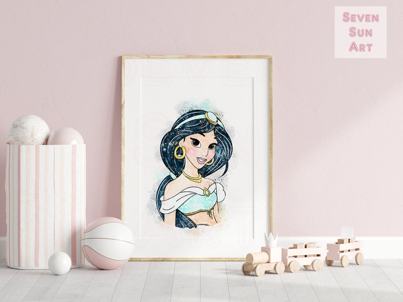 May include: A watercolor illustration of Princess Jasmine from Disney's Aladdin. The illustration features Jasmine with her signature dark hair, blue eyes, and a teal and white outfit. The background is a soft blue with white and gold accents.