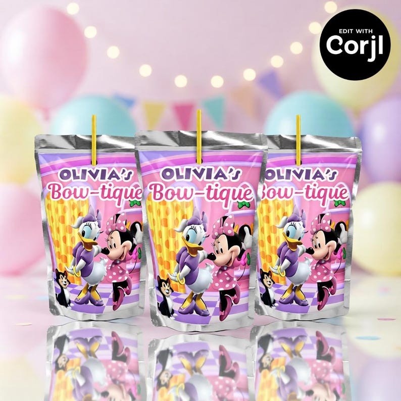 May include: Three juice pouches with yellow straws, featuring Daisy Duck and Minnie Mouse. The pouches are pink and purple with the text "OLIVIA'S Bow-tique". The background includes colorful balloons, suggesting a party theme.