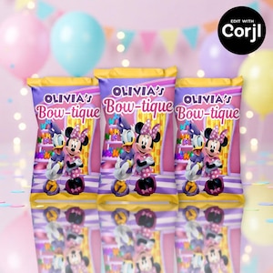 May include: Three party favor bags with a purple and pink design featuring Minnie Mouse and Donald Duck. The bags have the text "OLIVIA'S Bow-tique" in pink and white. The background includes balloons and confetti.