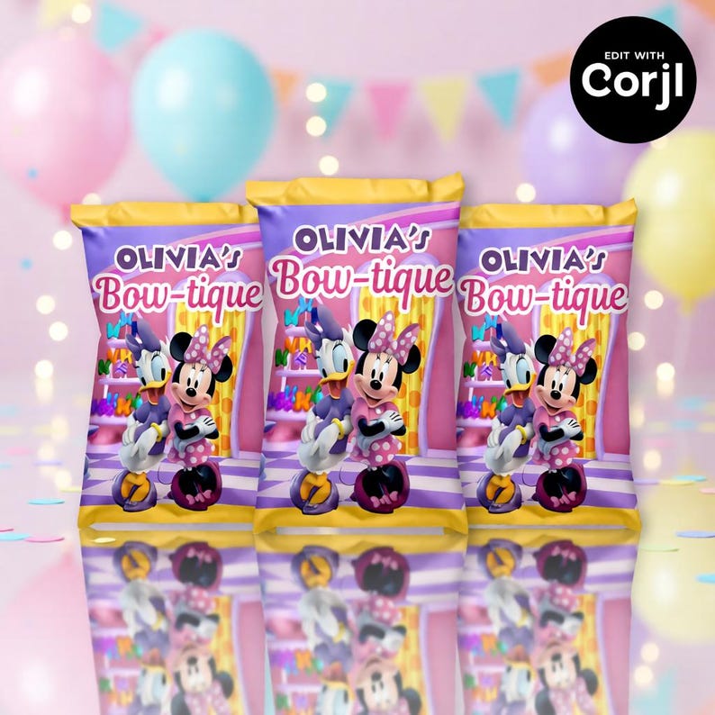 May include: Three party favor bags with a purple and pink design featuring Minnie Mouse and Donald Duck. The bags have the text "OLIVIA'S Bow-tique" in pink and white. The background includes balloons and confetti.