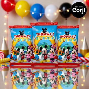 May include: Three party favor bags with a red top and a blue background featuring Mickey and Minnie Mouse, Goofy, and Donald Duck. The bags have the text "Thomas's 1st Birthday" in yellow and white.