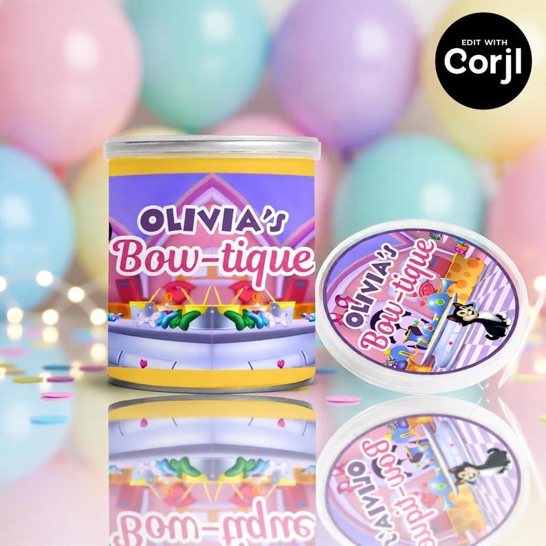 May include: A cylindrical container and a lid with the text "OLIVIA'S Bow-tique" in pink and white. The container has a purple background with a cartoon design. The lid has a cartoon cat illustration.