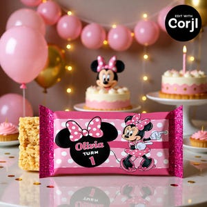 May include: A pink and white candy bar wrapper with a Minnie Mouse theme. The wrapper features a polka dot pattern, a Minnie Mouse graphic, and the name "Olivia" with "Turn 1". The background includes balloons and a cake.
