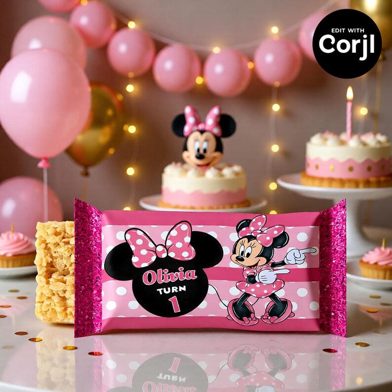 May include: A pink and white candy bar wrapper with a Minnie Mouse theme. The wrapper features a polka dot pattern, a Minnie Mouse graphic, and the name "Olivia" with "Turn 1". The background includes balloons and a cake.
