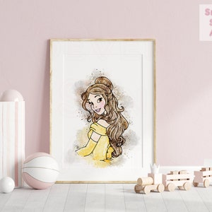 May include: A watercolor illustration of Belle from Disney's Beauty and the Beast. She is wearing a yellow dress and has long brown hair. The background is a soft watercolor wash of brown and gold.