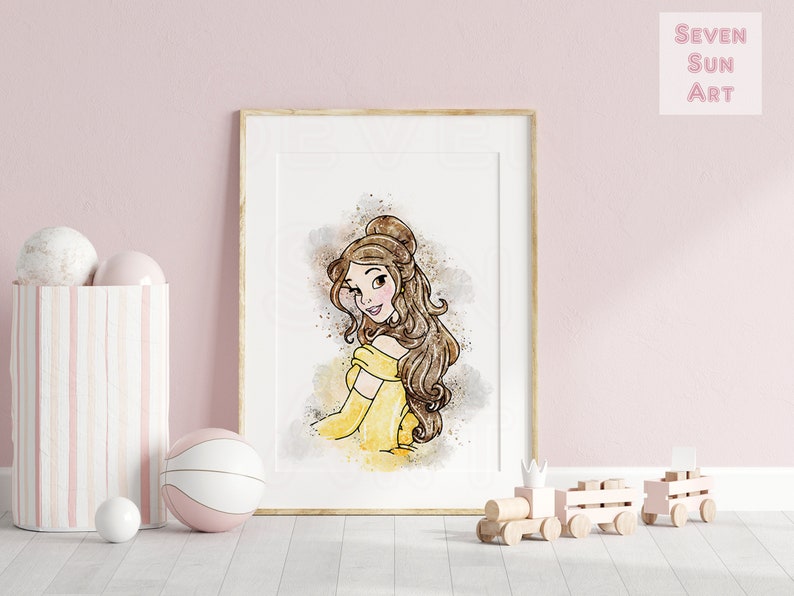 May include: A watercolor illustration of Belle from Disney's Beauty and the Beast. She is wearing a yellow dress and has long brown hair. The background is a soft watercolor wash of brown and gold.