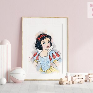 May include: A watercolor illustration of Snow White, a Disney princess, with a red bow in her hair. The illustration is surrounded by a watercolor background with splashes of color.