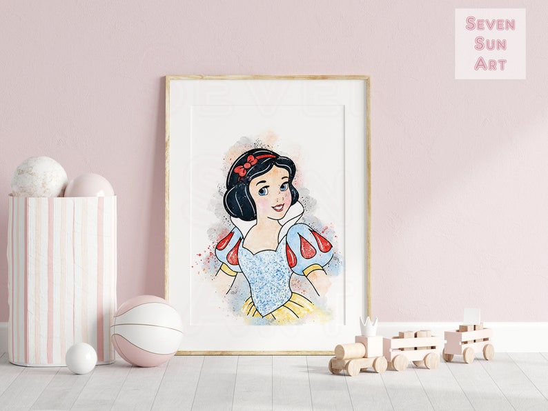 May include: A watercolor illustration of Snow White, a Disney princess, with a red bow in her hair. The illustration is surrounded by a watercolor background with splashes of color.