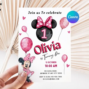 Editable Minnie Mouse Birthday Invitation, Minnie Mouse Birthday, 1st Birthday, Mouse Birthday Invite, Girls  minnie invitations M10