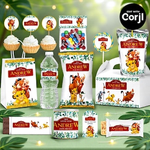 May include: A selection of party decorations and treats, themed around The Lion King. The items include cupcakes, sweets, water bottles, and gift bags. The products are adorned with the name "Andrew" and the phrase "Our Little King is on the Way."