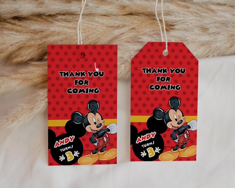 以下が含まれることがあります： 「THANK YOU FOR COMING」の文字が入った、水玉模様の赤いギフトタグが2つ。各タグにはミッキーマウスの漫画と「ANDY TURNS 3」の文字が描かれています。タグには黄色のストライプと白い紐が付いています。