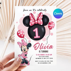 Editable Minnie Mouse Birthday Invitation, Minnie Mouse Birthday, 1st Birthday, Mouse Birthday Invite, Girls  minnie invitations M2