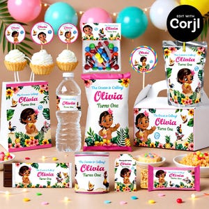 May include: A selection of party supplies for a first birthday. Themed with a cartoon girl, the set includes cupcakes, sweets, water bottles, and various treat boxes and bags. The text "Olivia Turns One" is featured throughout the design.