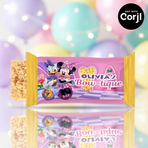 May include: A pink candy bar wrapper featuring Minnie Mouse and Daisy Duck, with the text "OLIVIA'S Bow-tique". The wrapper has a gold foil edge and is set against a background of pastel balloons.