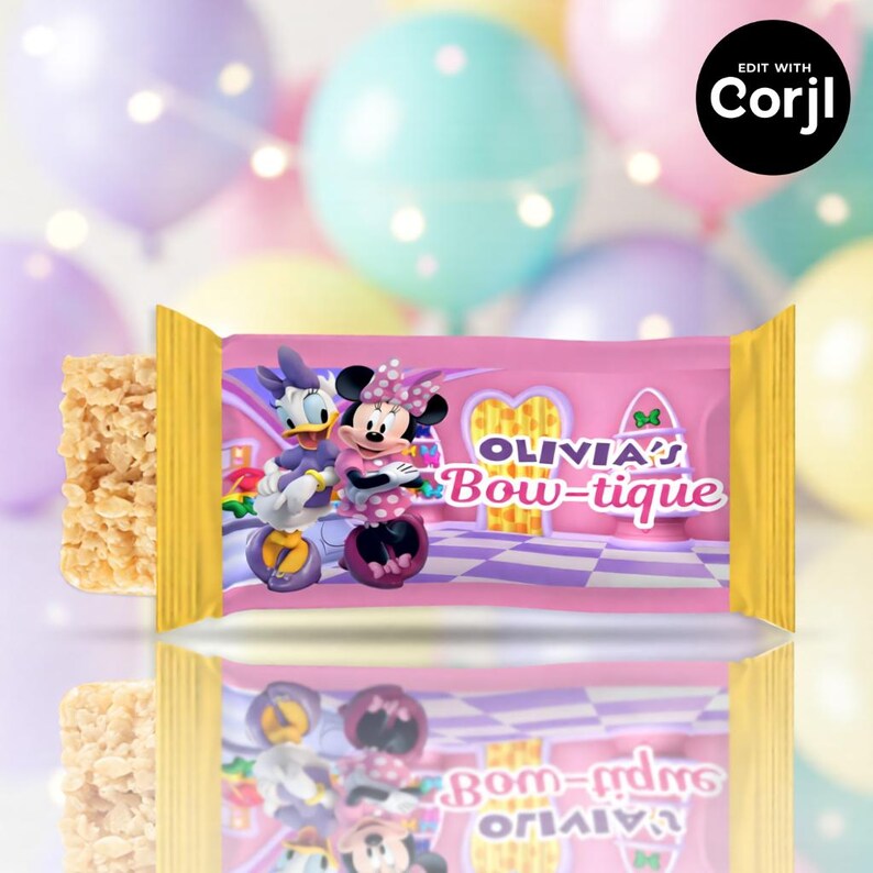 May include: A pink candy bar wrapper featuring Minnie Mouse and Daisy Duck, with the text "OLIVIA'S Bow-tique". The wrapper has a gold foil edge and is set against a background of pastel balloons.