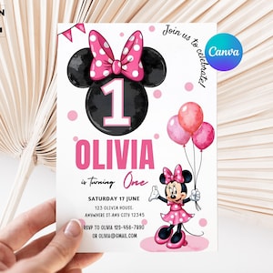 Editable Minnie Mouse Birthday Invitation, Minnie Mouse Birthday, 1st Birthday, Mouse Birthday Invite, Girls  minnie invitations M15