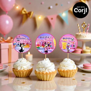 May include: Three cupcakes topped with white frosting and decorative toppers. The toppers are pink circles with the text "OLIVIA'S Bow-tique" and cartoon characters. The cupcakes sit on a table with party decorations.