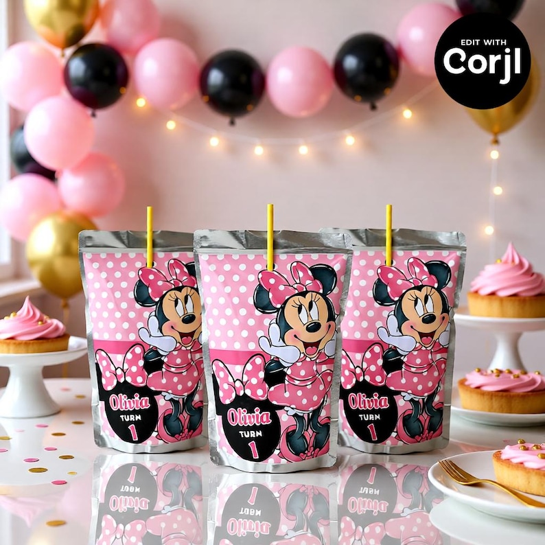 May include: Three pink juice pouches with Minnie Mouse graphics, polka dots, and yellow straws. Each pouch says "Olivia Turn 1". Pink and black balloons and cupcakes decorate the party setting.