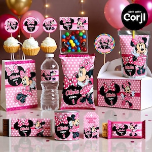 May include: Pink polka dot party supplies featuring Minnie Mouse. Includes treat bags, candy bar wrappers, water bottle labels, a chip bag, a candy container, and a box. The text "Olivia Turn 1" is visible on many items.