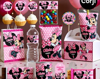 ミニーマウスの誕生日パーティーグッズセット、誕生日パーティーラベル、パーティーパッケージ、パーティー用品、パーティーバンドル、パーティーキット、パーティーデコレーション、印刷可能