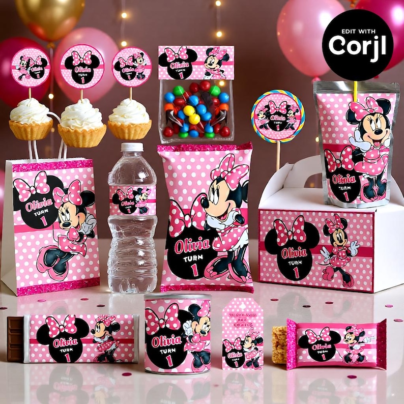 May include: Pink polka dot party supplies featuring Minnie Mouse. Includes treat bags, candy bar wrappers, water bottle labels, a chip bag, a candy container, and a box. The text "Olivia Turn 1" is visible on many items.