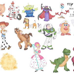 K&ouml;nnte beinhalten: Aquarell-Clipart mit Charakteren aus dem Film Toy Story. Enth&auml;lt Woody, Buzz Lightyear, Jessie und andere Charaktere. Der Text "Toy Story Watercolor Clipart 15 PNG File" ist ebenfalls sichtbar.
