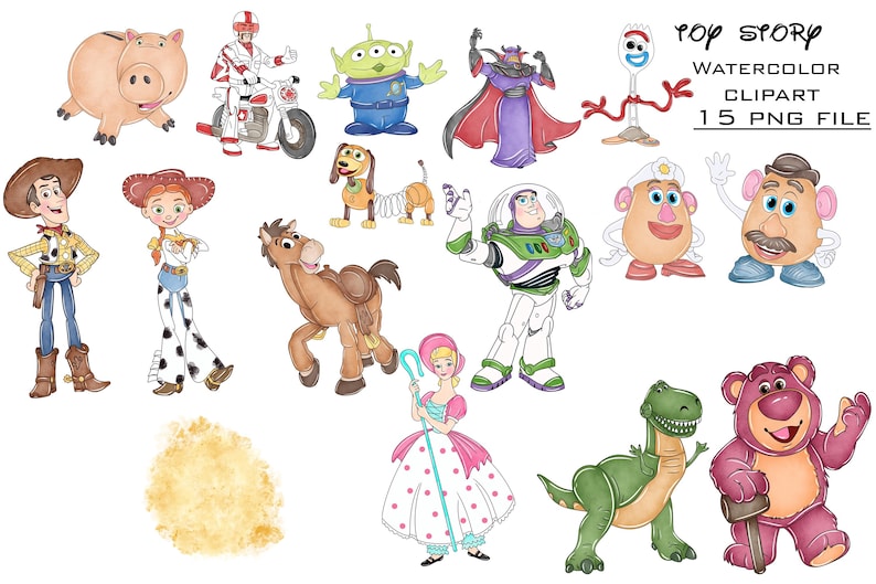 K&ouml;nnte beinhalten: Aquarell-Clipart mit Charakteren aus dem Film Toy Story. Enth&auml;lt Woody, Buzz Lightyear, Jessie und andere Charaktere. Der Text "Toy Story Watercolor Clipart 15 PNG File" ist ebenfalls sichtbar.