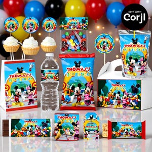 May include: A collection of Mickey Mouse-themed birthday party supplies, including a gift bag, candy, water bottle, juice box, and a box. The items feature Mickey and Minnie Mouse, with the text "THOMAS'S 1ST BIRTHDAY". Colorful balloons are in the background.
