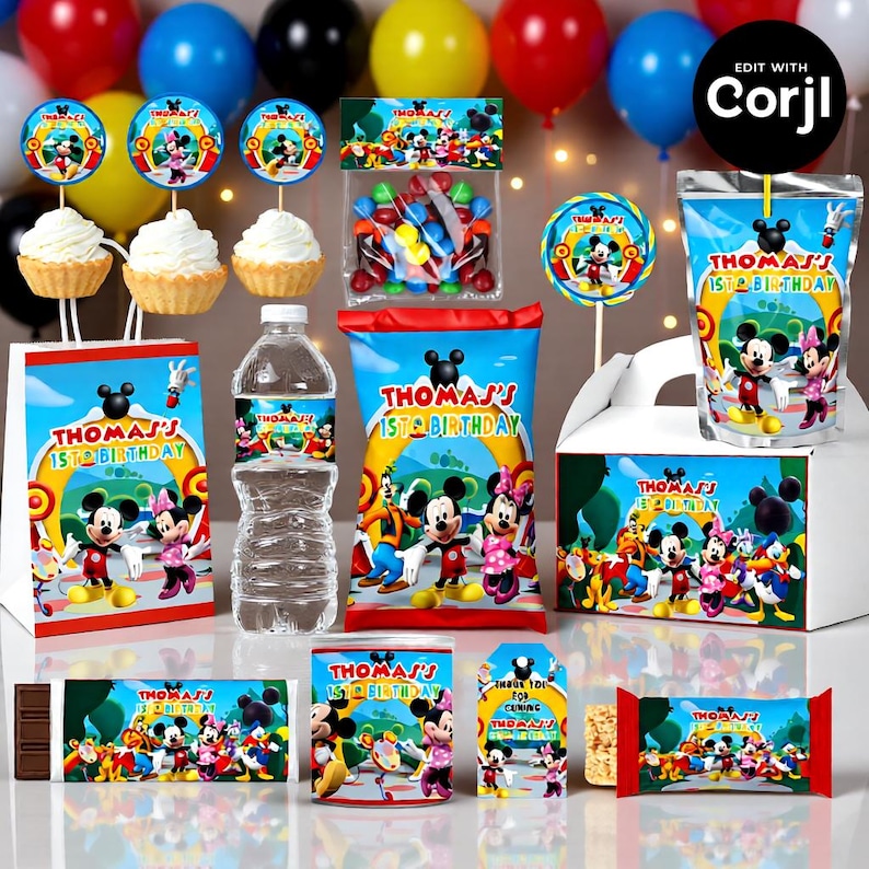 May include: A collection of Mickey Mouse-themed birthday party supplies, including a gift bag, candy, water bottle, juice box, and a box. The items feature Mickey and Minnie Mouse, with the text "THOMAS'S 1ST BIRTHDAY". Colorful balloons are in the background.