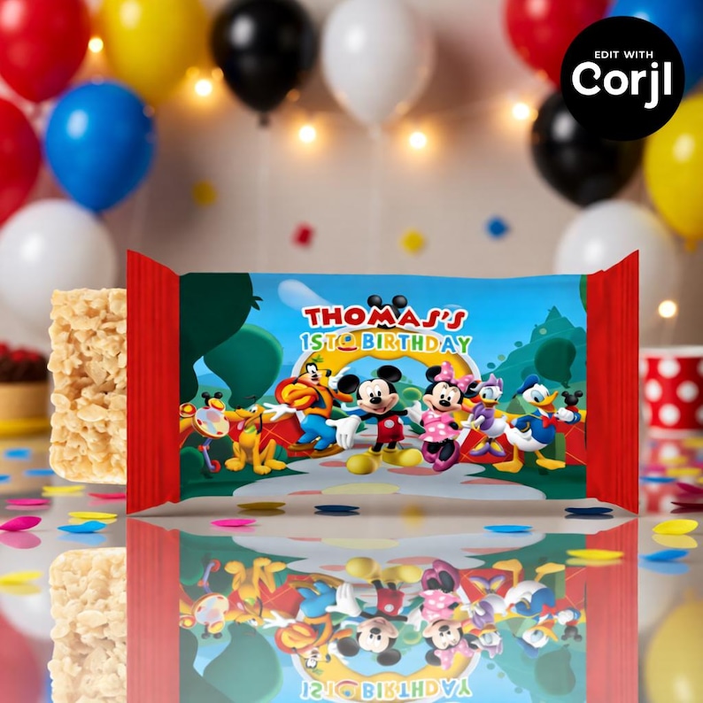 May include: A red-edged treat wrapper featuring Mickey Mouse and friends with the text "Thomas's 1st Birthday" against a blue sky background. The wrapper is surrounded by colorful balloons and confetti.