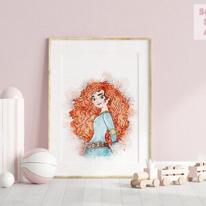 May include: A watercolor illustration of Merida from the Disney movie Brave. She has long, curly red hair and is wearing a blue dress with a brown belt. The illustration is set against a white background with a watercolor effect.