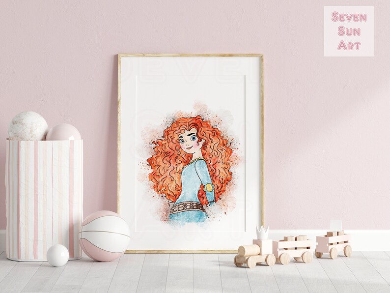 May include: A watercolor illustration of Merida from the Disney movie Brave. She has long, curly red hair and is wearing a blue dress with a brown belt. The illustration is set against a white background with a watercolor effect.
