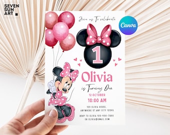 May include: A birthday invitation featuring Minnie Mouse with a pink bow and balloons. The invitation includes the text "Olivia is Turning One" with the date, time, and RSVP information. The design incorporates pink and black colors.
