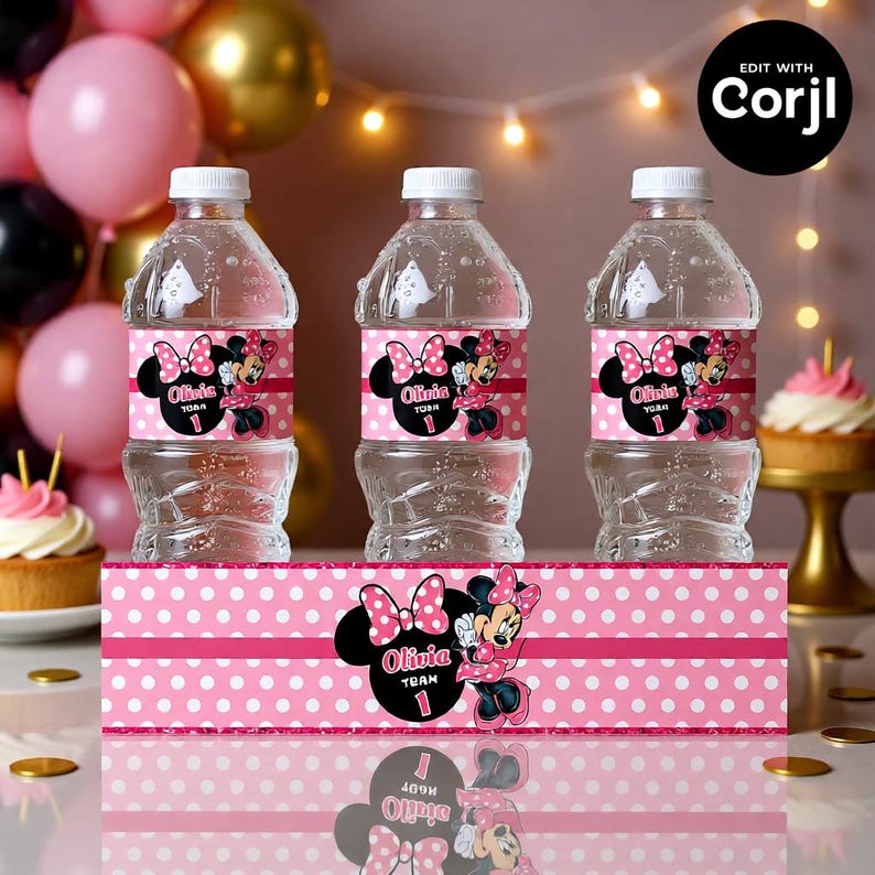 May include: Three clear plastic water bottles with pink Minnie Mouse labels. The labels feature a polka dot background, Minnie Mouse, and the text "Olivia 1". A matching pink polka dot banner is in front of the bottles.