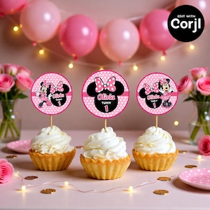 May include: Three cupcakes with white frosting and Minnie Mouse-themed toppers. The toppers are pink and black with the name "Olivia" and the number "1". Pink balloons and roses decorate the background.