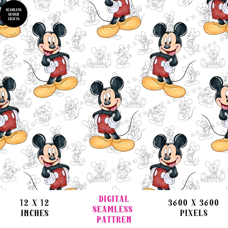 Mickey Character Pattern Mickey Seamless Pattern, Mickey Mouse Watercolor Seamless, Mickey ...