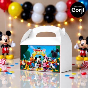 May include: White gable box with a colorful cartoon design featuring Mickey Mouse and friends. The box has a handle and the text "Thomas's 1st Birthday". Decorative balloons and figurines are in the background.