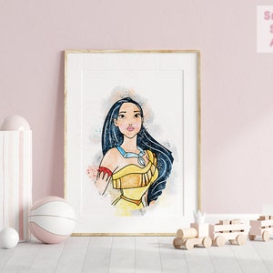 May include: A watercolor illustration of Pocahontas, a Disney princess, with long black hair and a yellow and brown dress. The background is a light blue watercolor wash.