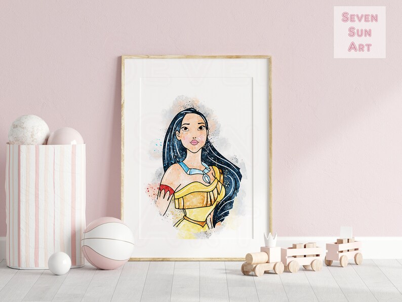 May include: A watercolor illustration of Pocahontas, a Disney princess, with long black hair and a yellow and brown dress. The background is a light blue watercolor wash.