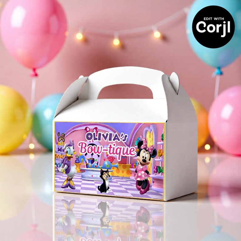 May include: White party favor box with a handle, featuring a colorful design with cartoon characters, including Minnie Mouse and Daisy Duck. The box has the text "Olivia's Bow-tique" and is decorated with balloons in the background.
