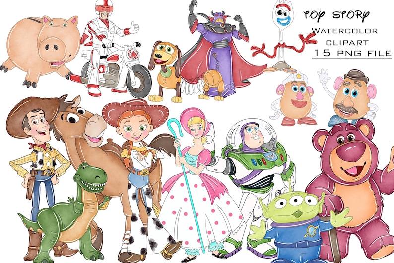 May include: Watercolor clipart featuring characters from the Toy Story movie franchise. The image includes Woody, Buzz Lightyear, Jessie, and other characters. The text "Toy Story Watercolor Clipart 15 PNG File" is also included.