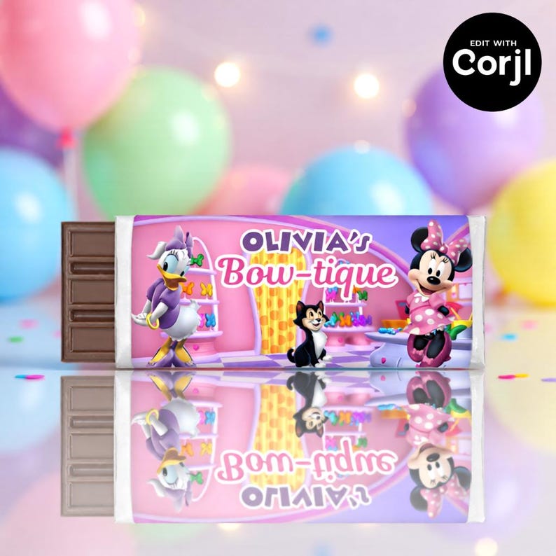 May include: A chocolate bar with a custom wrapper featuring Daisy Duck, Minnie Mouse, and a black cat. The wrapper reads "Olivia's Bow-tique" in pink and purple, with a pink background and cartoon decorations.