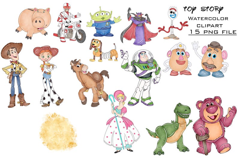 K&ouml;nnte beinhalten: Aquarell-Clipart mit Figuren aus dem Animationsfilm Toy Story. Das Bild enth&auml;lt Illustrationen von Woody, Buzz Lightyear, Jessie und anderen Charakteren. Der Text "Toy Story Watercolor Clipart 15 PNG File" ist ebenfalls sichtbar.