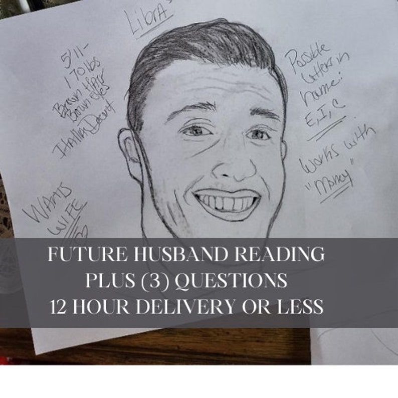 May include: A hand-drawn sketch of a man with brown hair and eyes. The sketch includes text describing his physical characteristics, astrological sign, and personality traits. The text reads "5'11 - 170lbs Brown hair Brown eyes Italian Decent Libra Wants Wife Possible Letter in Name: E,I,C Works with "Money""