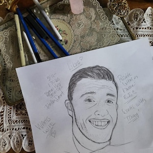 May include: A hand-drawn portrait of a person with brown hair and brown eyes. The drawing is on white paper with the text "Libra" and other handwritten notes.