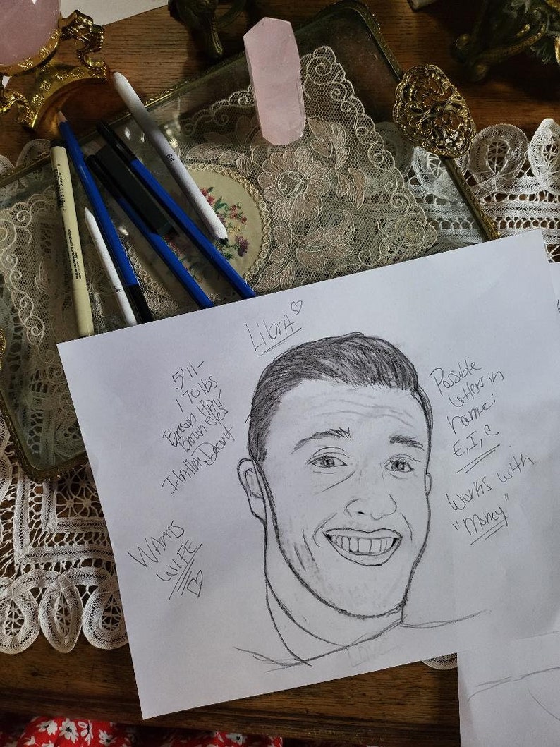 May include: A hand-drawn portrait of a person with brown hair and brown eyes. The drawing is on white paper with the text "Libra" and other handwritten notes.